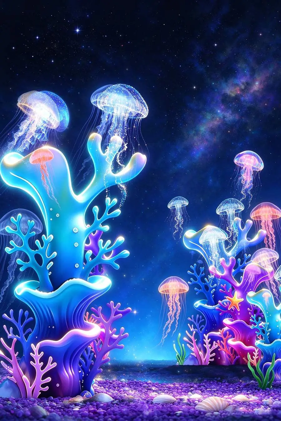 Ocean Exploration — glowing coral garden with jellyfish