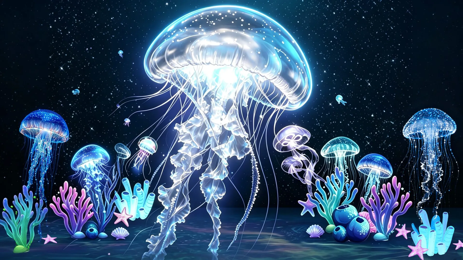 Coral Secret Realm — glowing coral and jellyfish scene