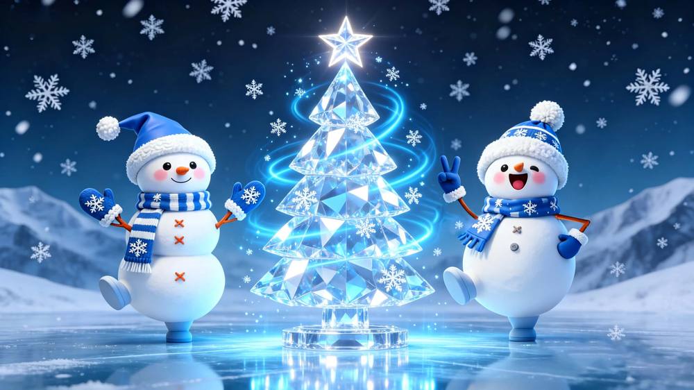 Frost and Chip, the Harbor Glow snow crew, beside a crystal tree