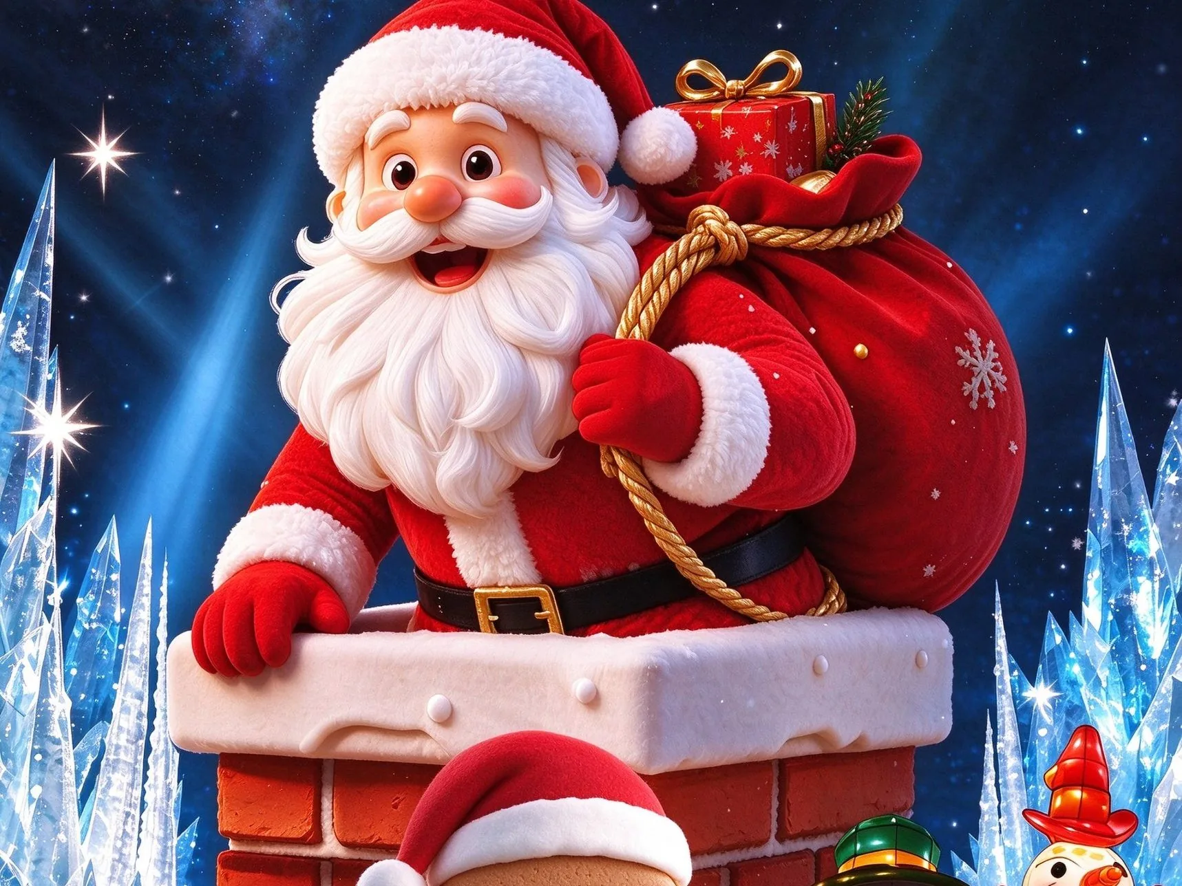 Christmas Wonderland — Santa emerging from a chimney with a gingerbread man and snowman family