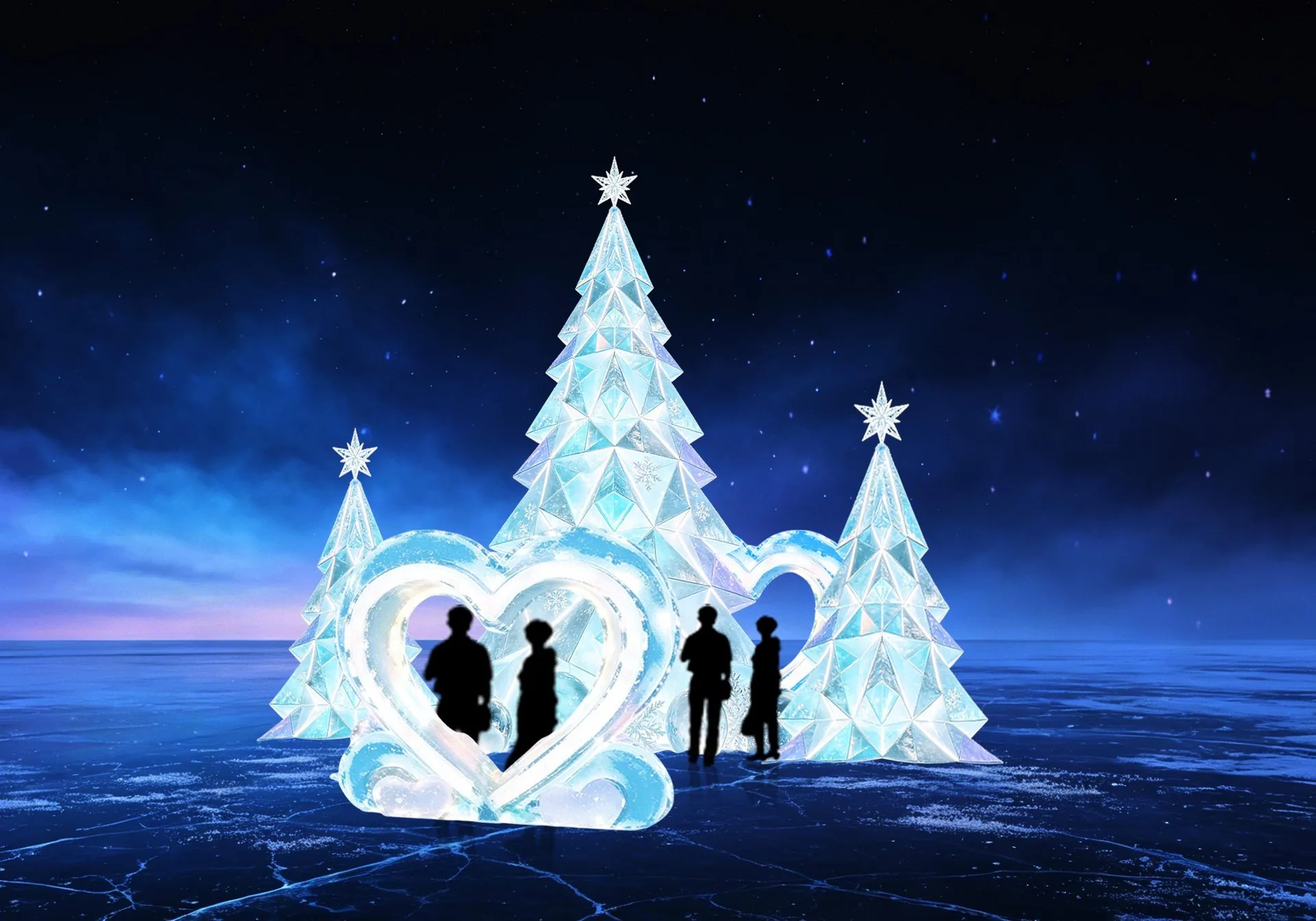 Crystal Christmas trees around a glowing ice heart at Harbor Glow